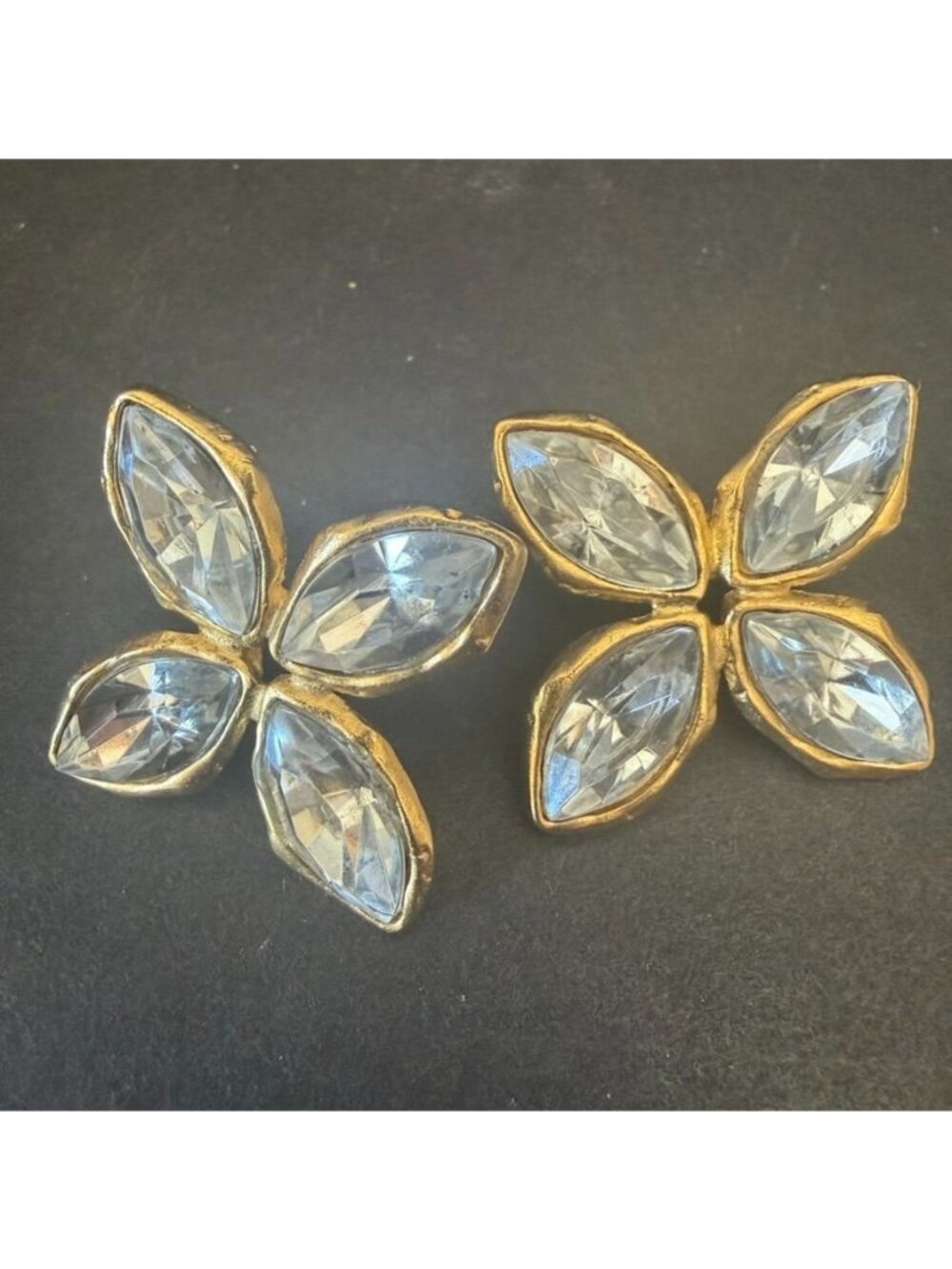 Vintage Gold-Tone Marquise-Cut Crystal Floral Cluster Post Earrings Swarovski ?
